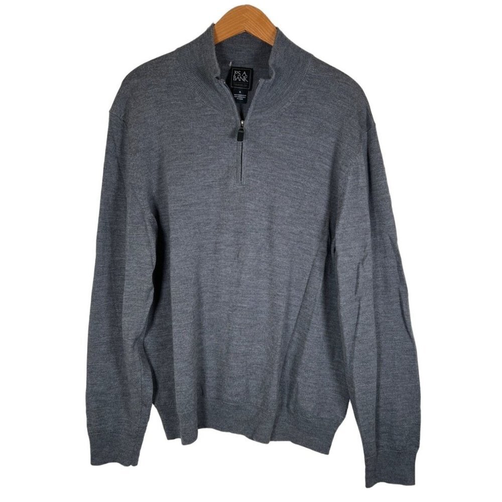 JOS A BANK Traveler Mens Size XL Grey 100% Merino Wool Zip Mock‎ Neck Sweater